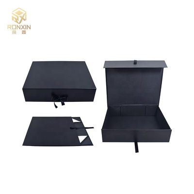 Luxury Rectangular Paperboard Foldable Gift Boxes With Ribbon Black