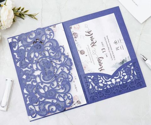 Pink Art Paper Laser Cut Wedding Cards With Ribbon For Wedding Party