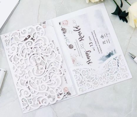 Pink Art Paper Laser Cut Wedding Cards With Ribbon For Wedding Party