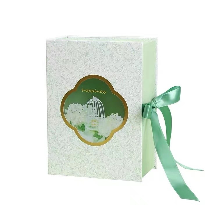 Green Folded Book Carboard Boxes With Ribbon Transparent Window For Perfume Gift Packaging